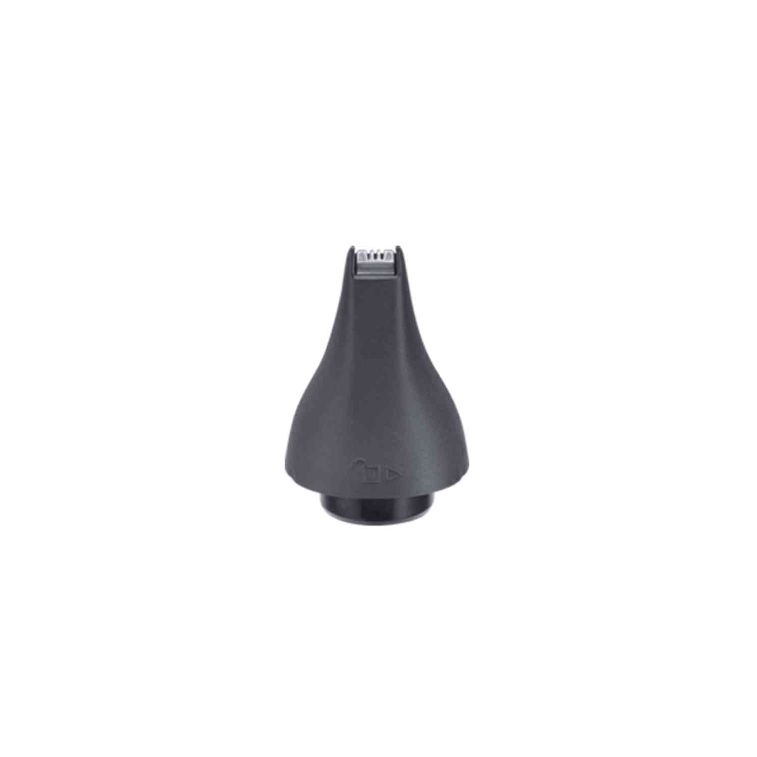 A dark gray nose hair trimmer attachment on a white background.