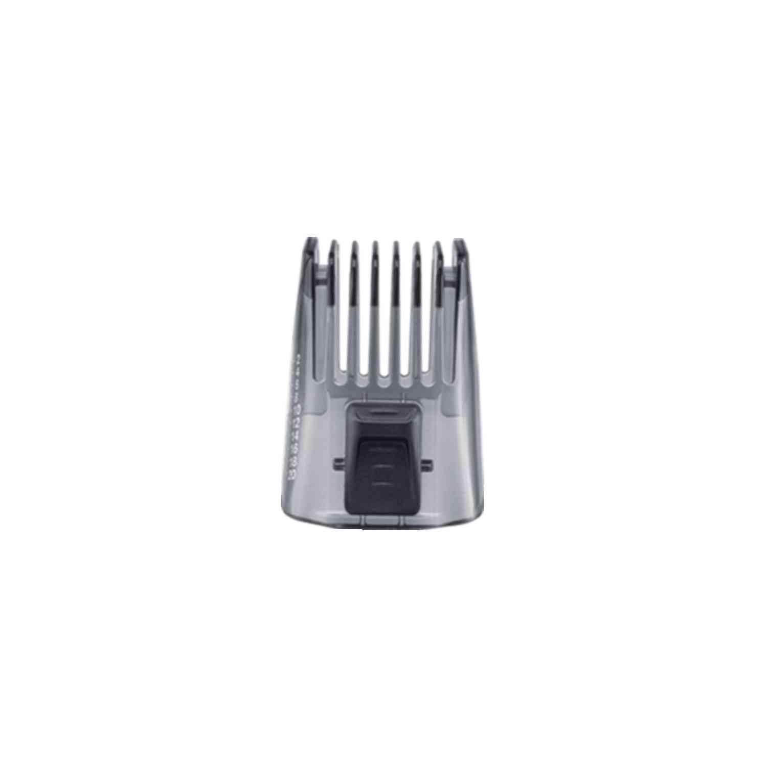 A small, clear plastic hair clipper attachment. It has teeth and a control lever.