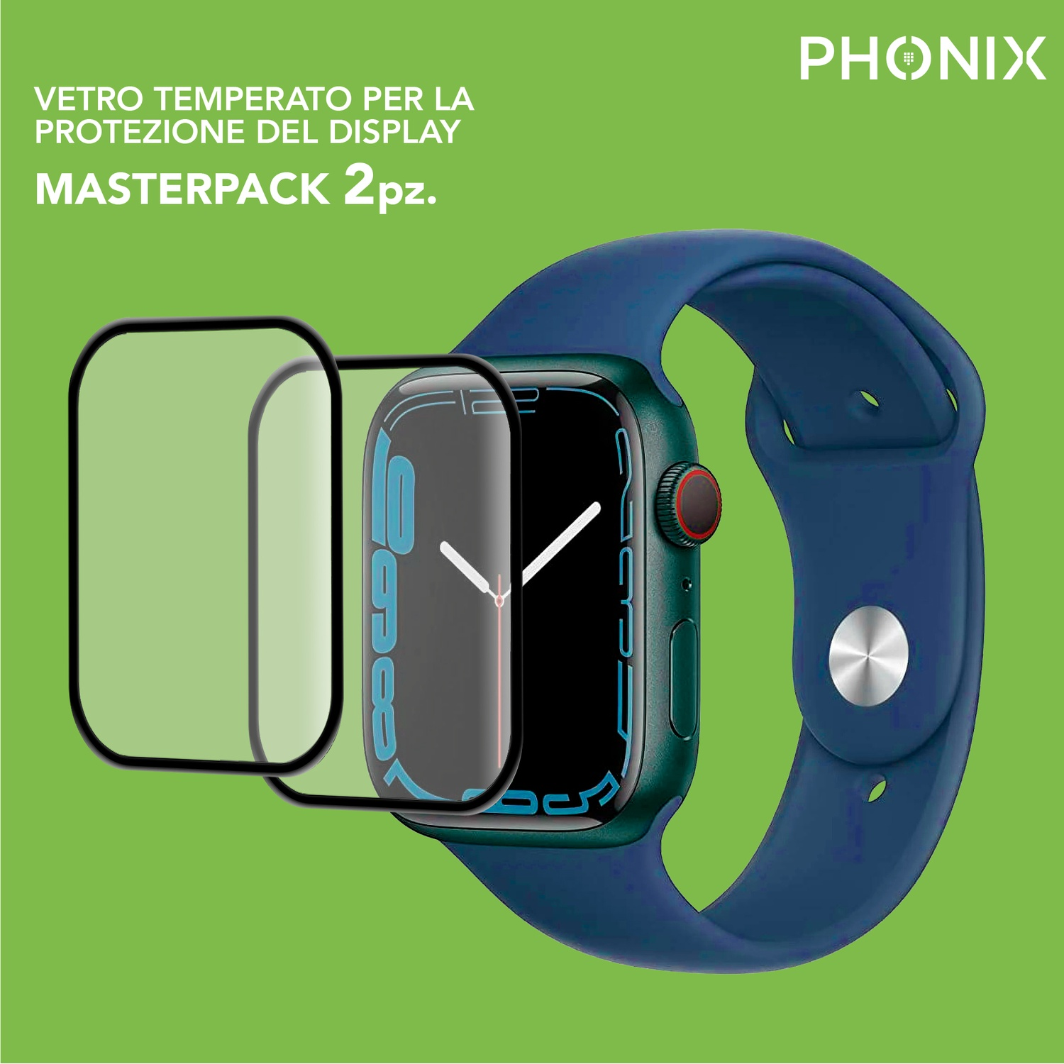 Pellicola protettiva per Apple Watch e un orologio su sfondo verde.