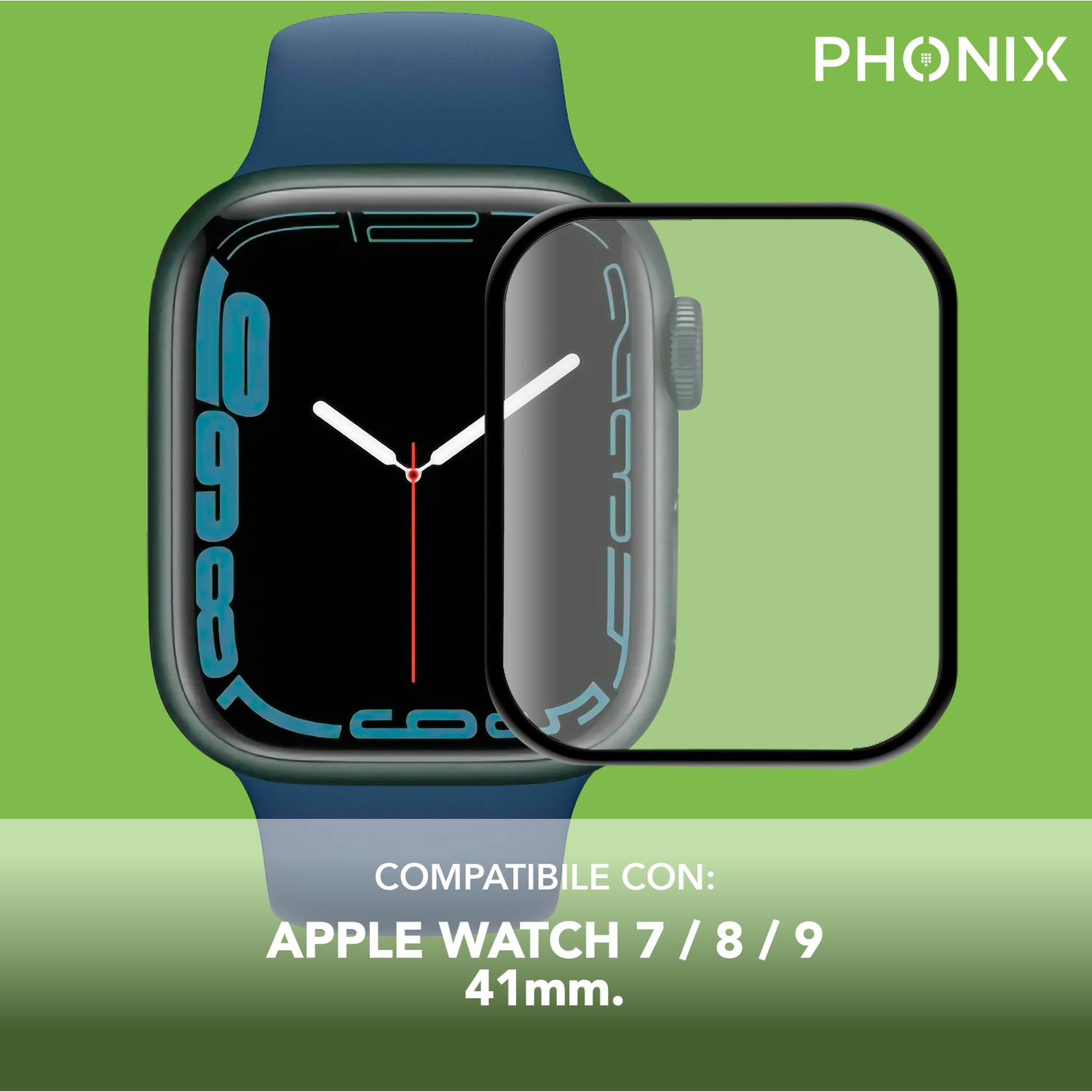 Apple Watch con cinturino blu. Un proteggi schermo accanto, con testo sotto.