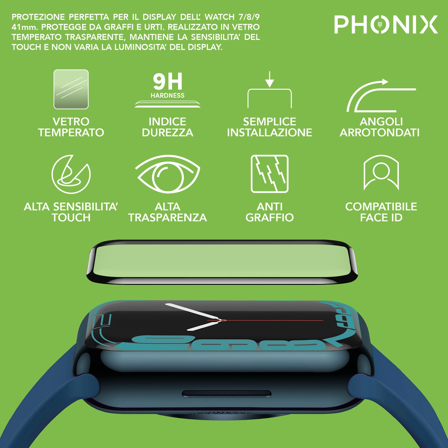 Schermo protettivo per uno smartwatch. Ha diverse caratteristiche scritte intorno.