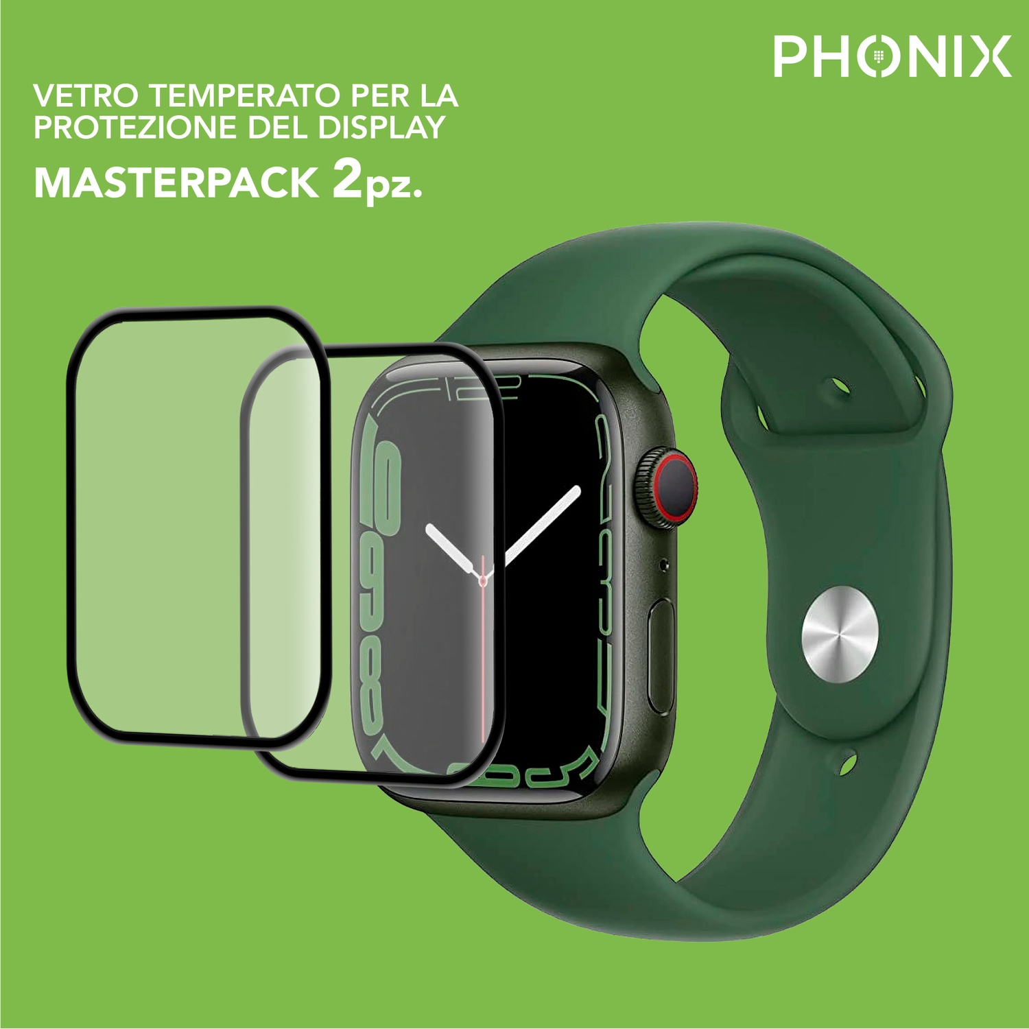Apple Watch verde con protezione schermo e cinturino verde. Mostra l'ora.