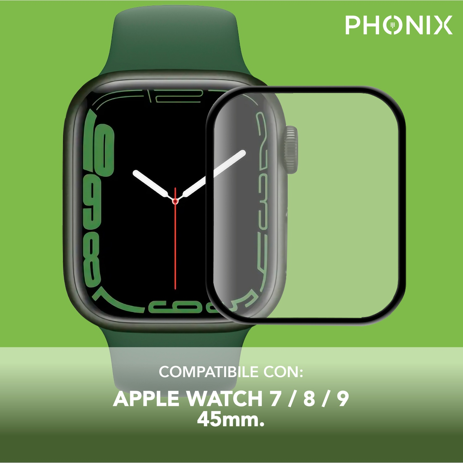 Smartwatch verde con protezione schermo. L'orologio mostra l'ora. La protezione è trasparente, rettangolare, che la copre.