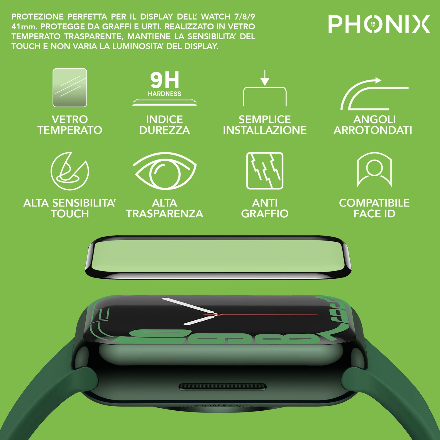 Primo piano di uno smartwatch verde con protezione schermo e icone che ne indicano le funzioni.