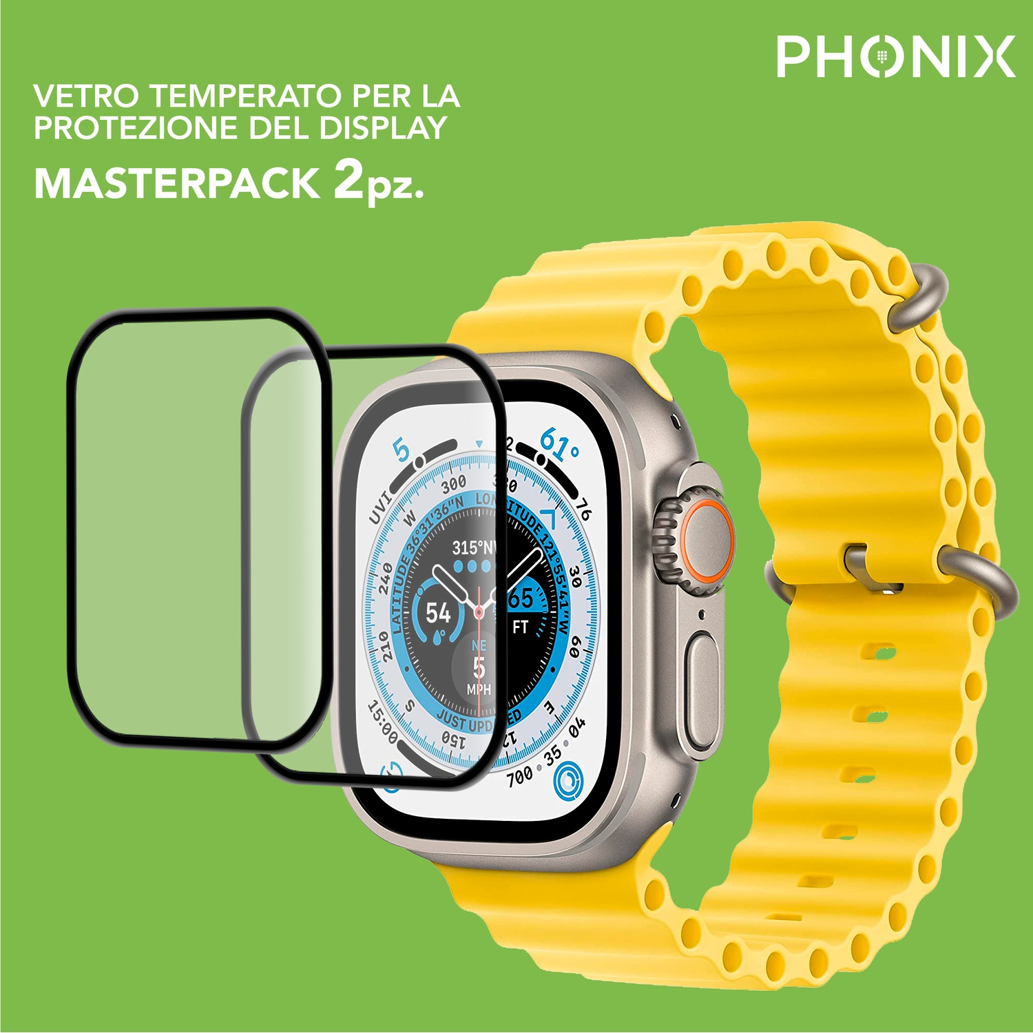 Smartwatch con cinturino giallo e protezione schermo, su sfondo verde.