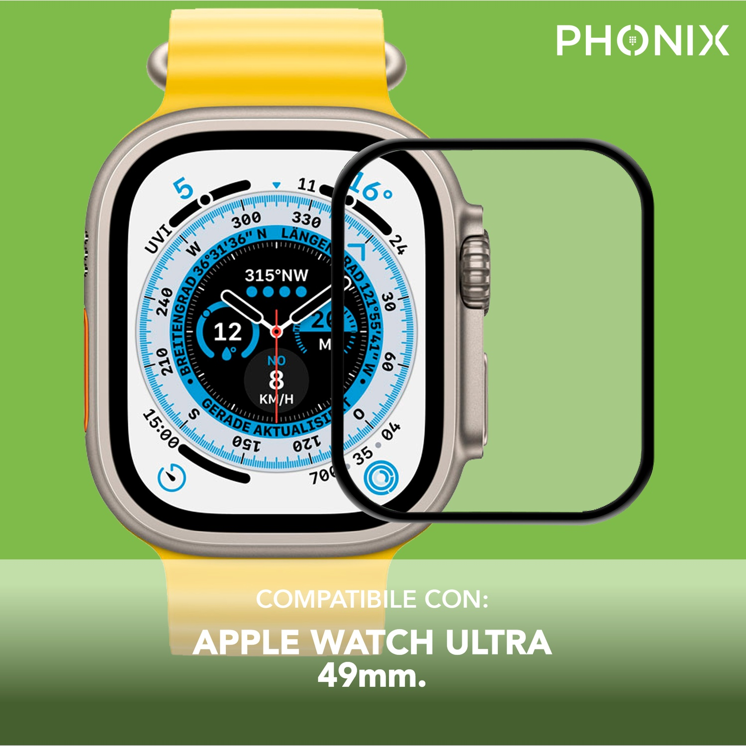 Uno smartwatch con cinturino giallo che mostra un quadrante, protetto da una protezione schermo.