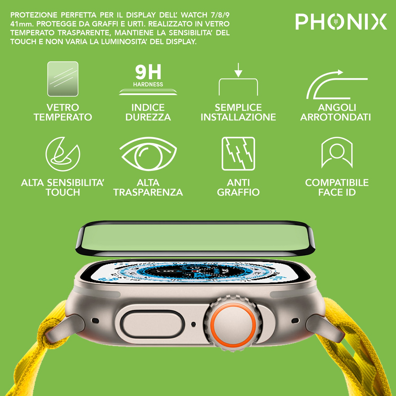 Smartwatch con protezione schermo. Testi sulla protezione schermo visibili.