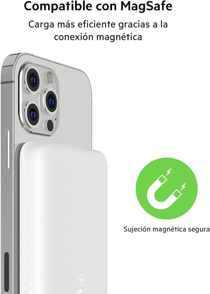 Cargador compatible con MagSafe conectado a un iPhone plateado. Gráfico verde con una ilustración de imán.