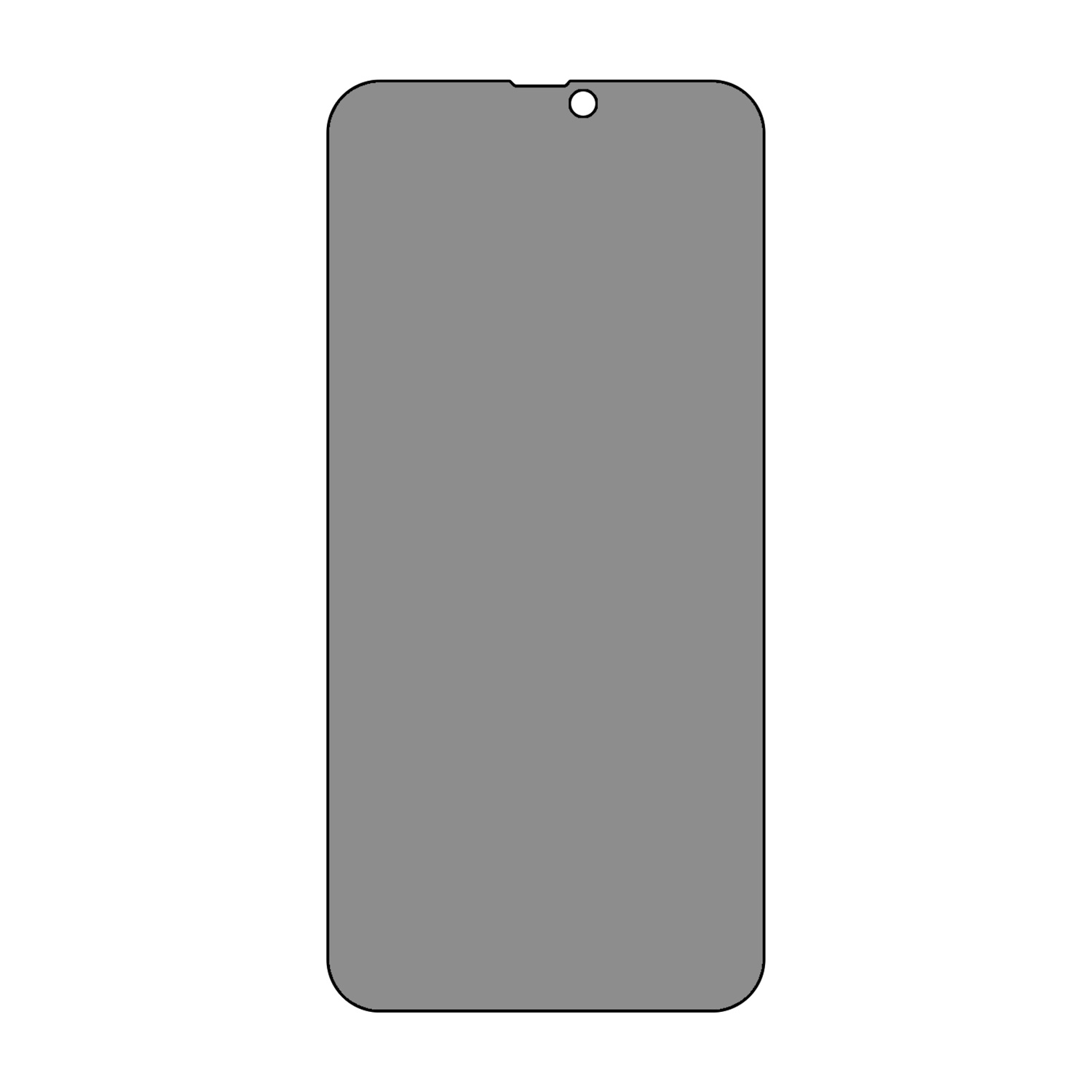 Schermo grigio di smartphone con bordo nero. Il telefono è isolato su bianco.