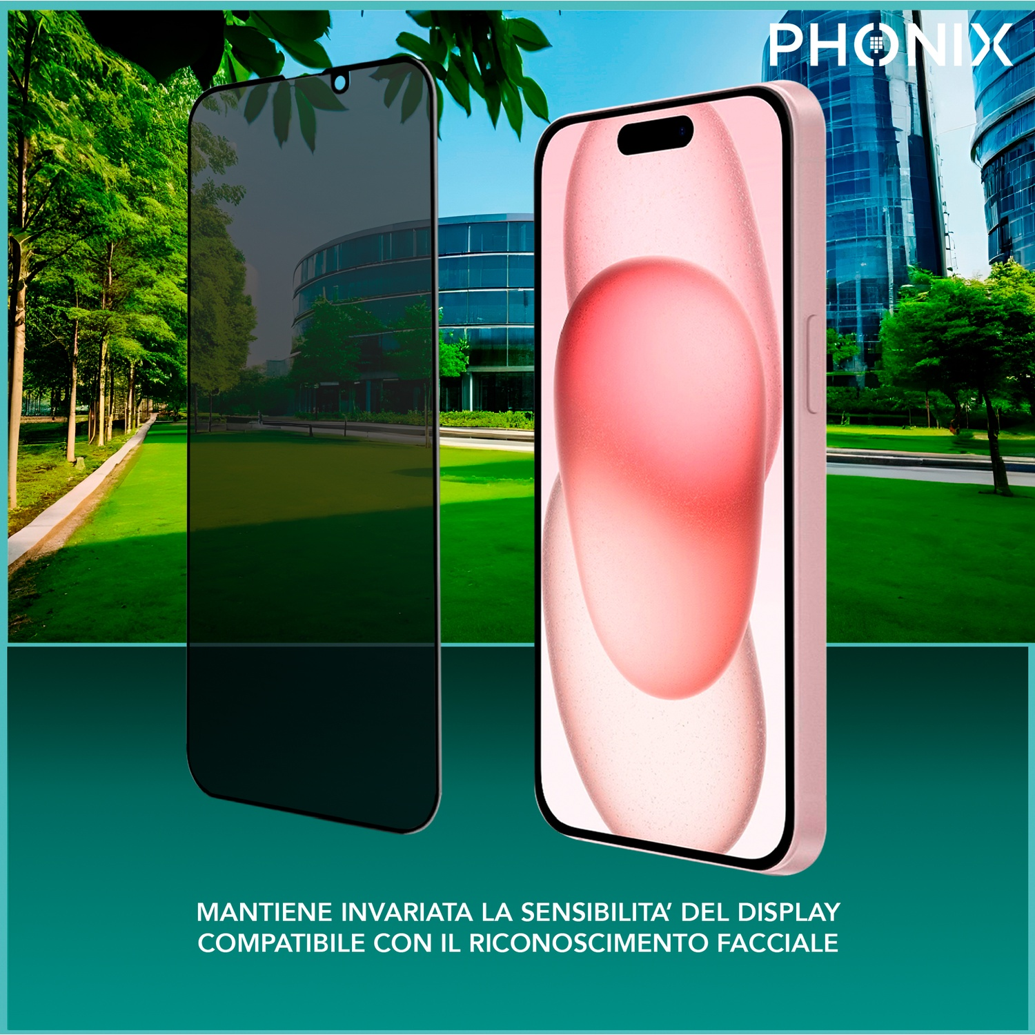 Due smartphone affiancati, uno schermo nero, uno rosa. Sfondo verde.
