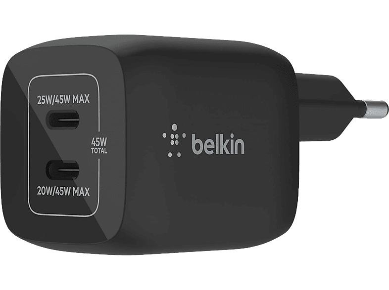 Belkin BoostCharge Pro WCH011vfBK, Universal, De pared USB-C® GaN doble con PPS de 45 W, Negro