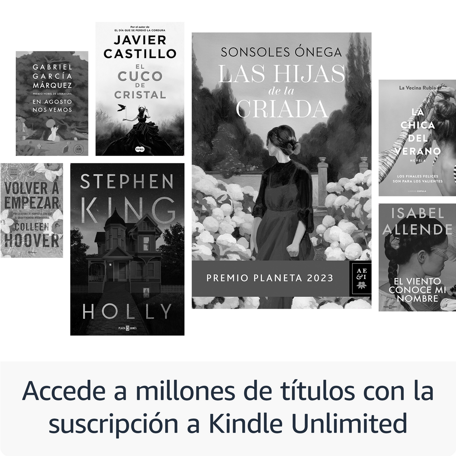 Libros con texto en español, promocionando la suscripción a Kindle Unlimited.