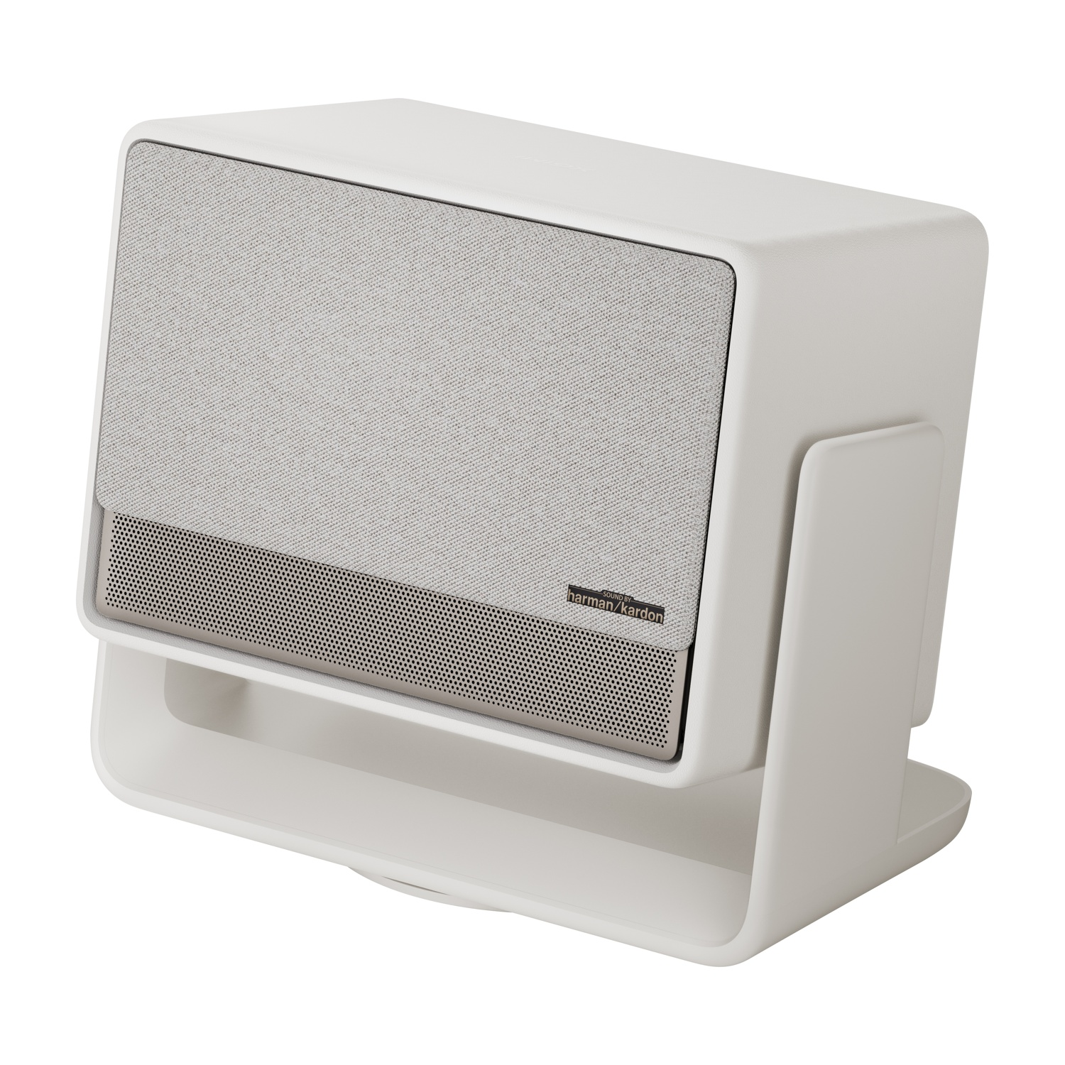 Un altoparlante bianco con una griglia frontale grigia. Logo Harman Kardon.