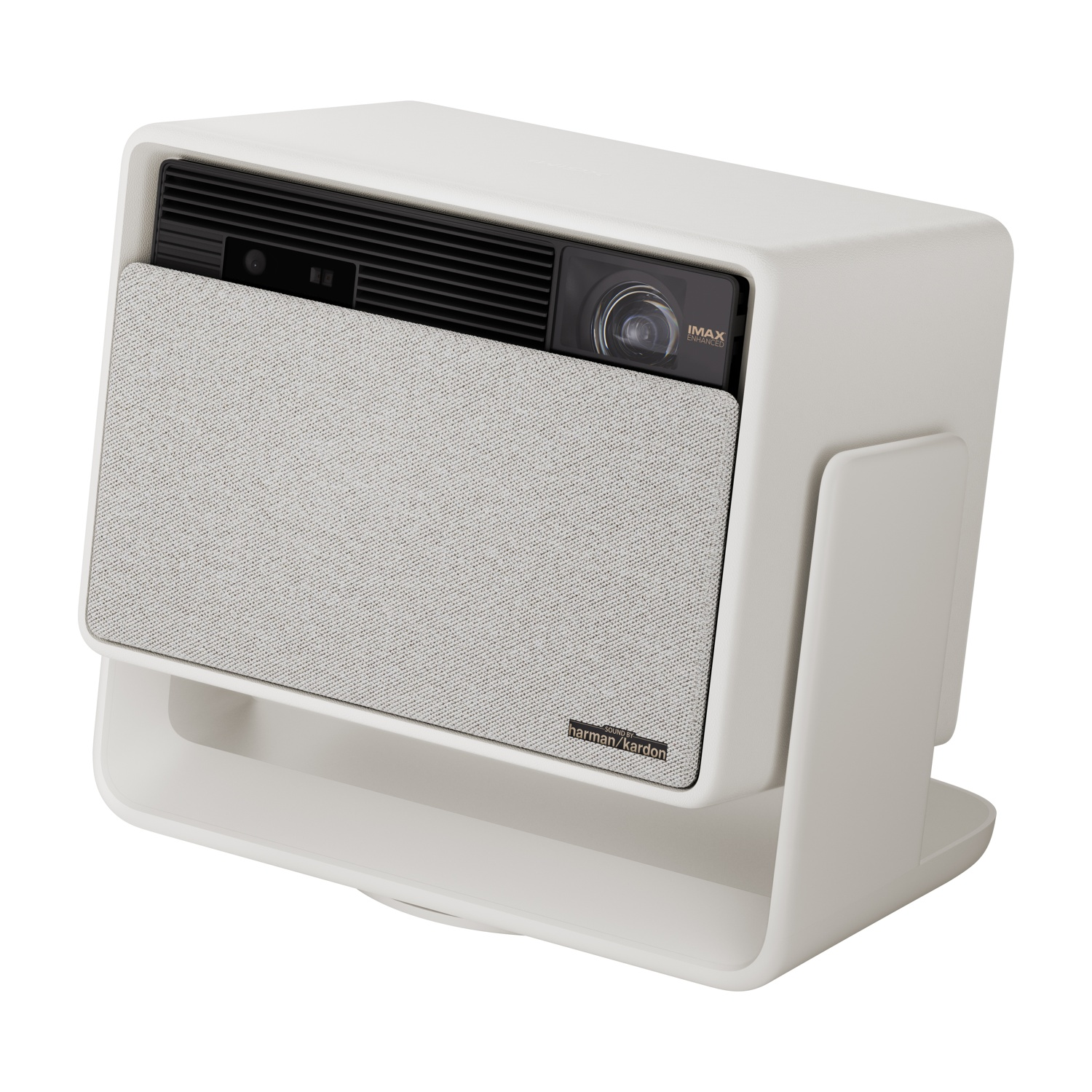 Proiettore bianco con copertura altoparlante grigia, su supporto bianco. Il marchio è Harman/Kardon.