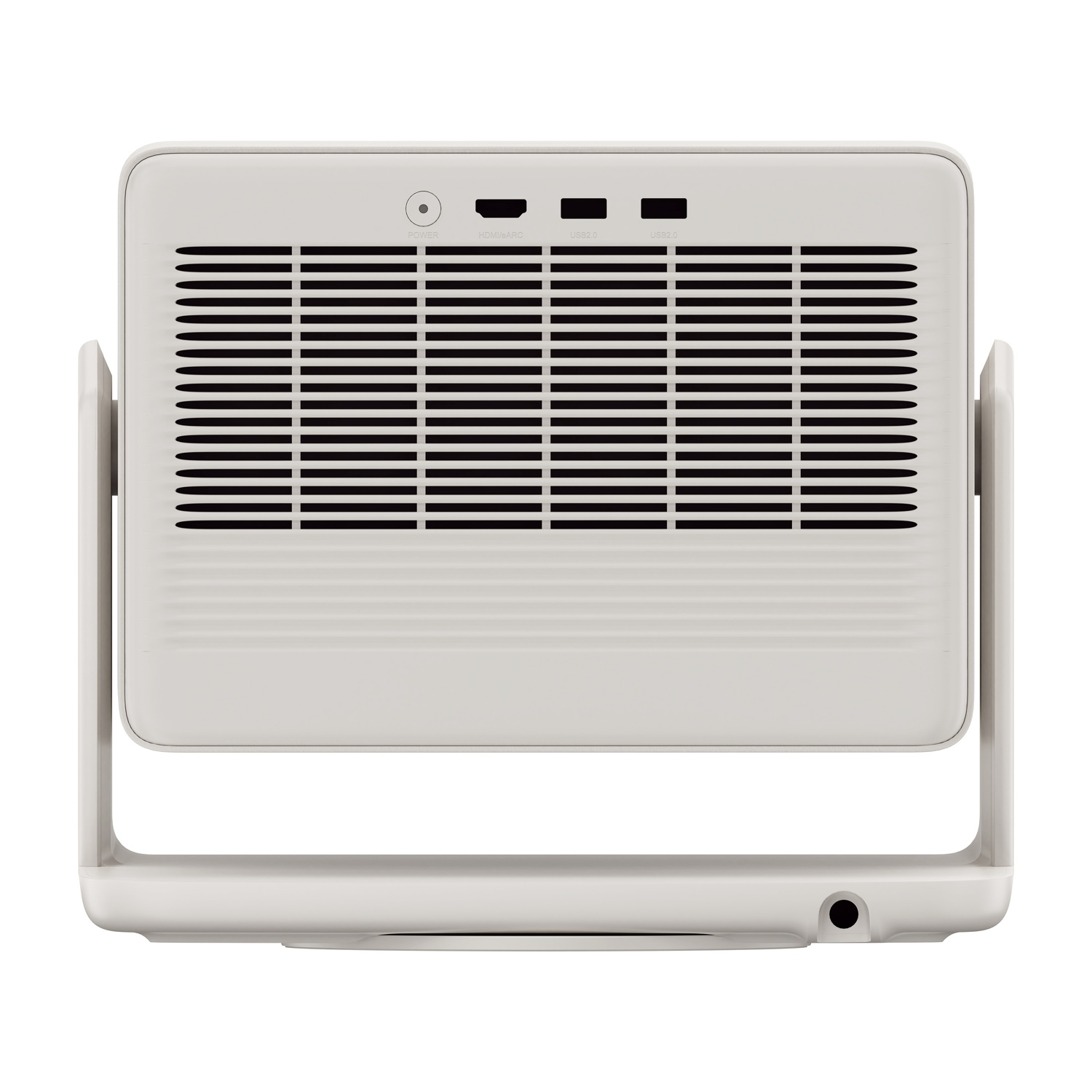 Ventilatore bianco rettangolare con lamelle orizzontali nere. Presenta una maniglia e un supporto, su una superficie bianca.