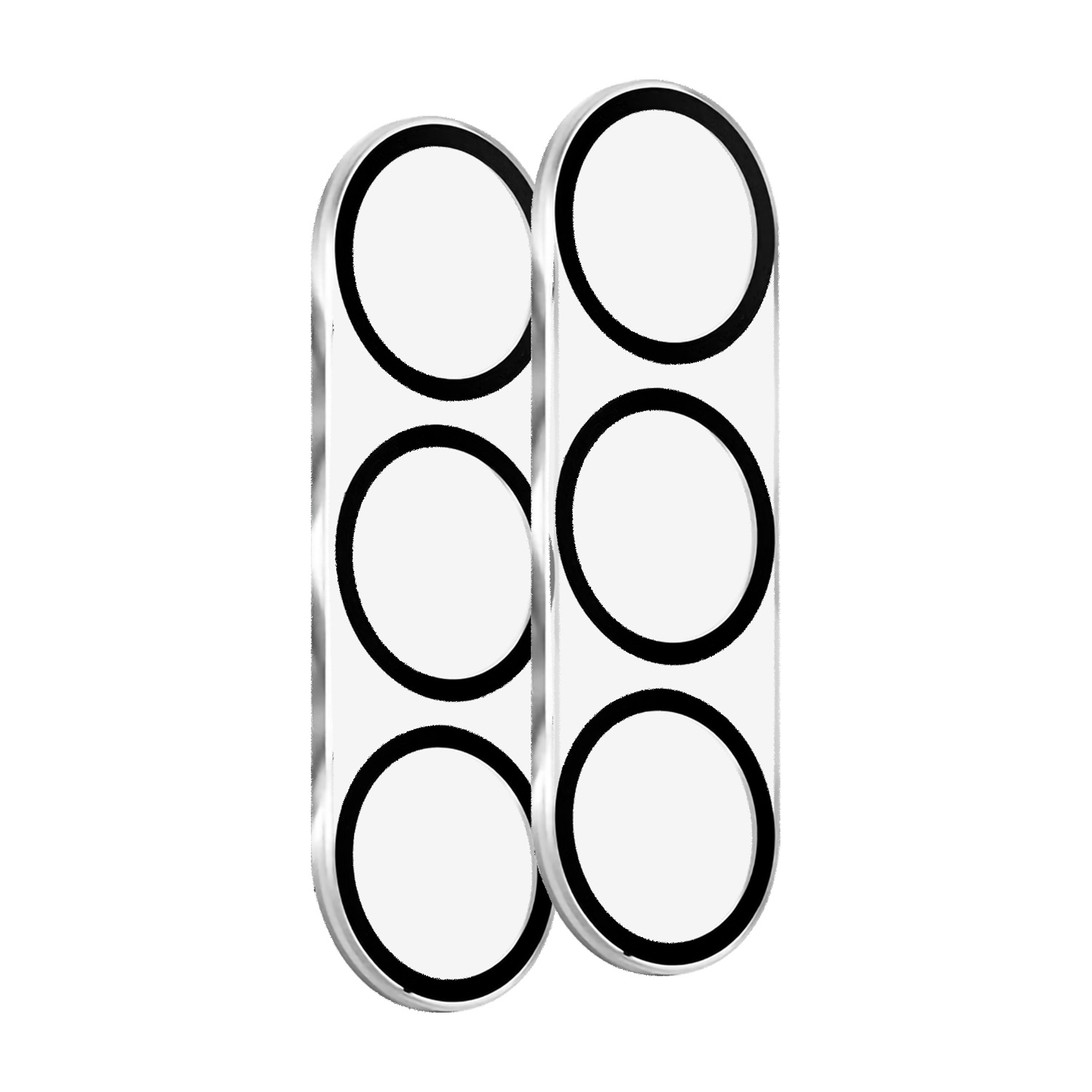 Due set di protezioni per lenti della fotocamera, di forma ovale con anelli neri su bianco.