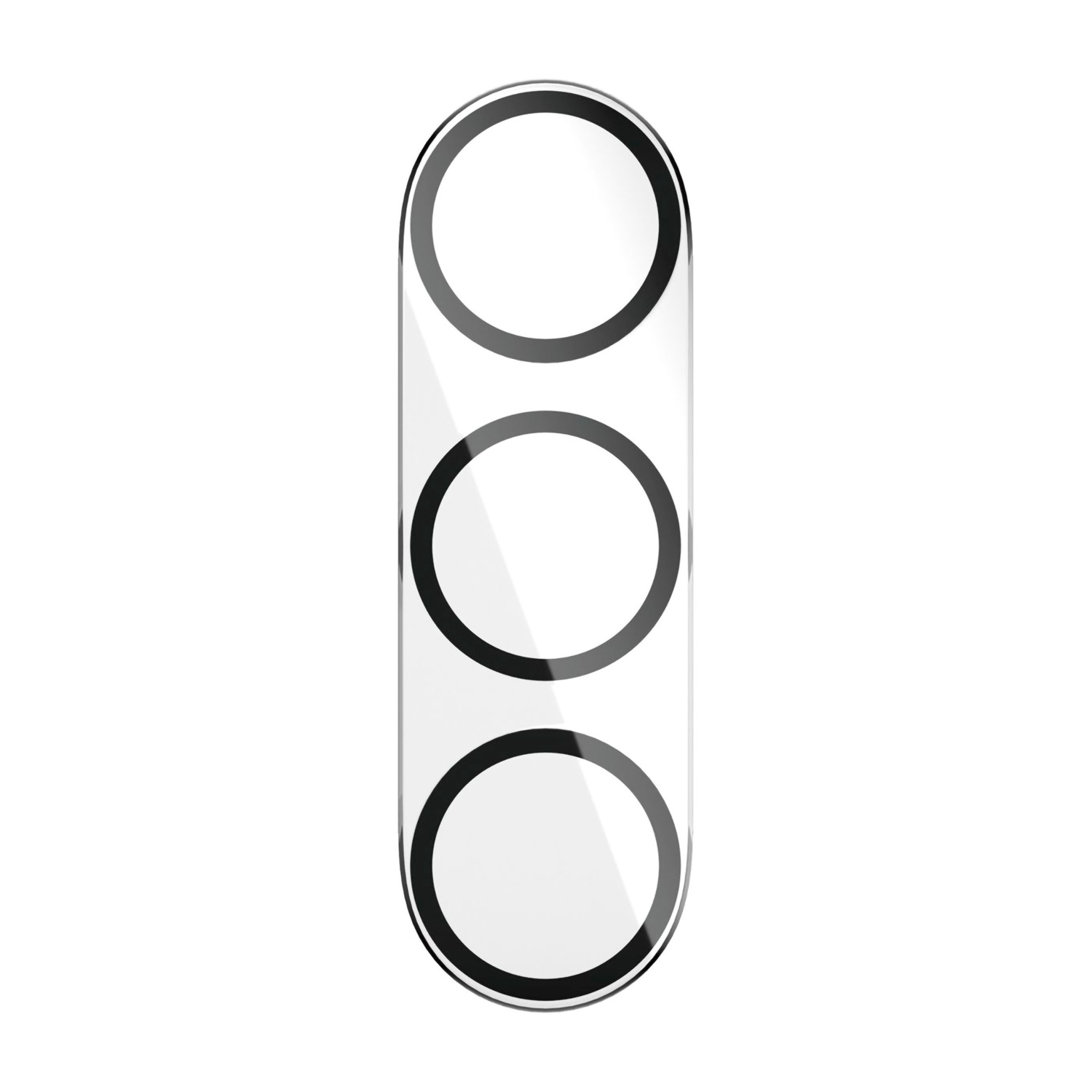 Tre lenti circolari per fotocamera in fila verticale, circondate da un contorno nero.