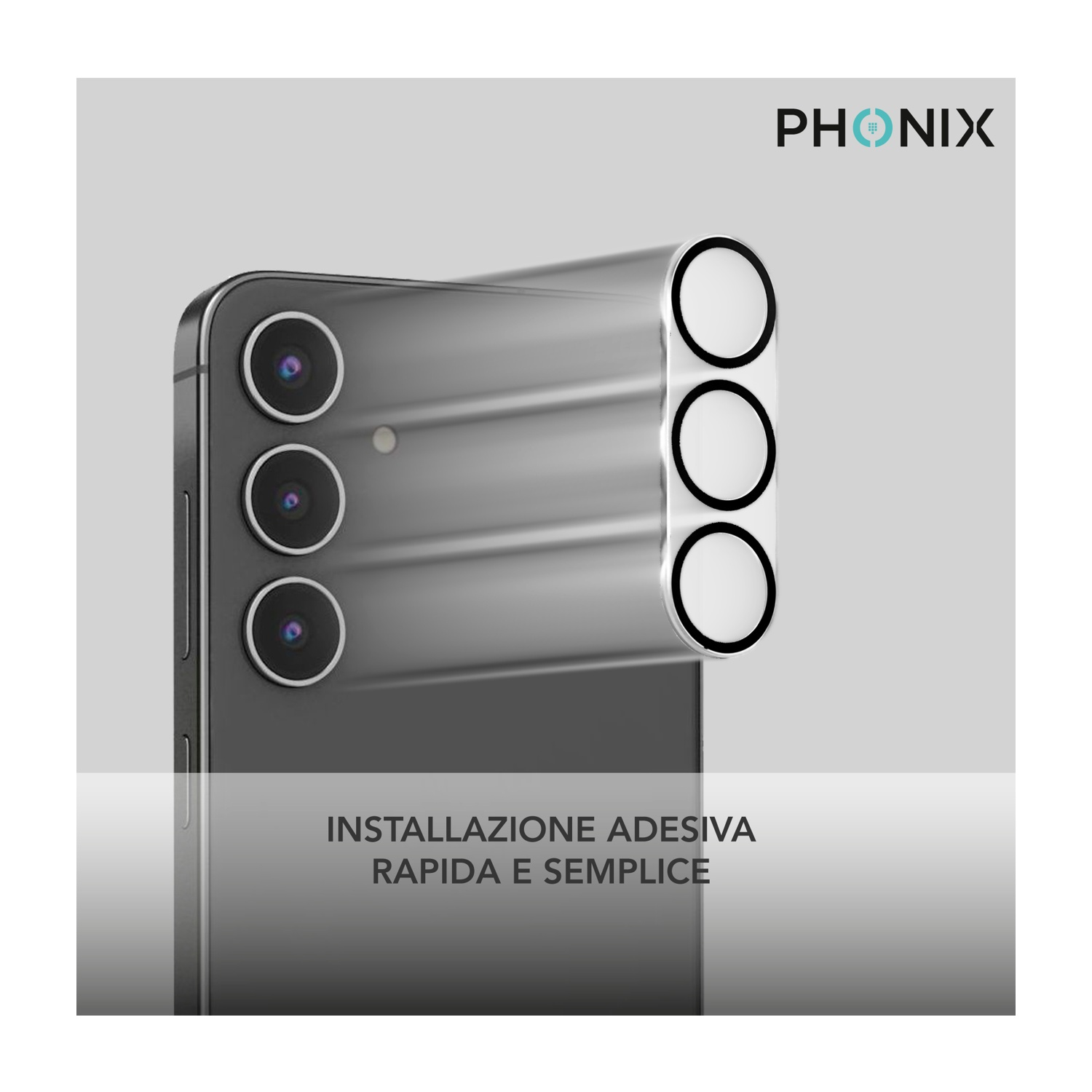 Un telefono con tre obiettivi della fotocamera e una luce. Testo: Installazione adesiva, rapida e semplice.