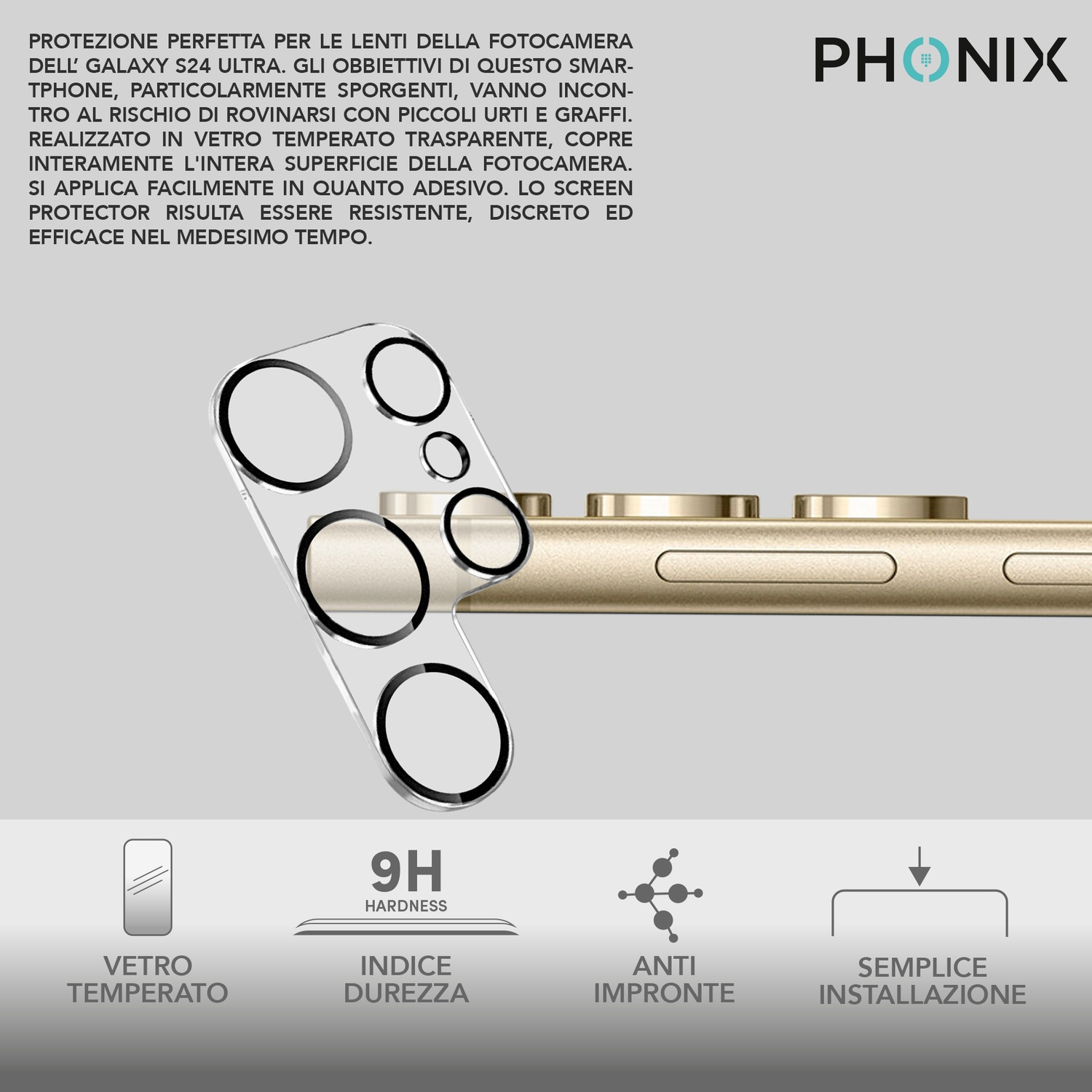 Proteggi obiettivo del telefono con testo. Mostra le lenti della fotocamera e un telefono. Sfondo bianco.