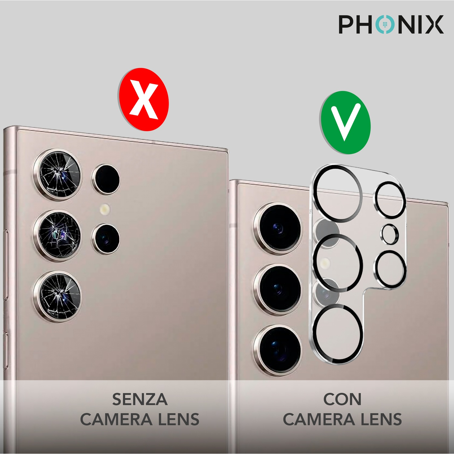 Due telefoni con e senza protezioni per lenti della fotocamera. Lo sfondo è grigio.
