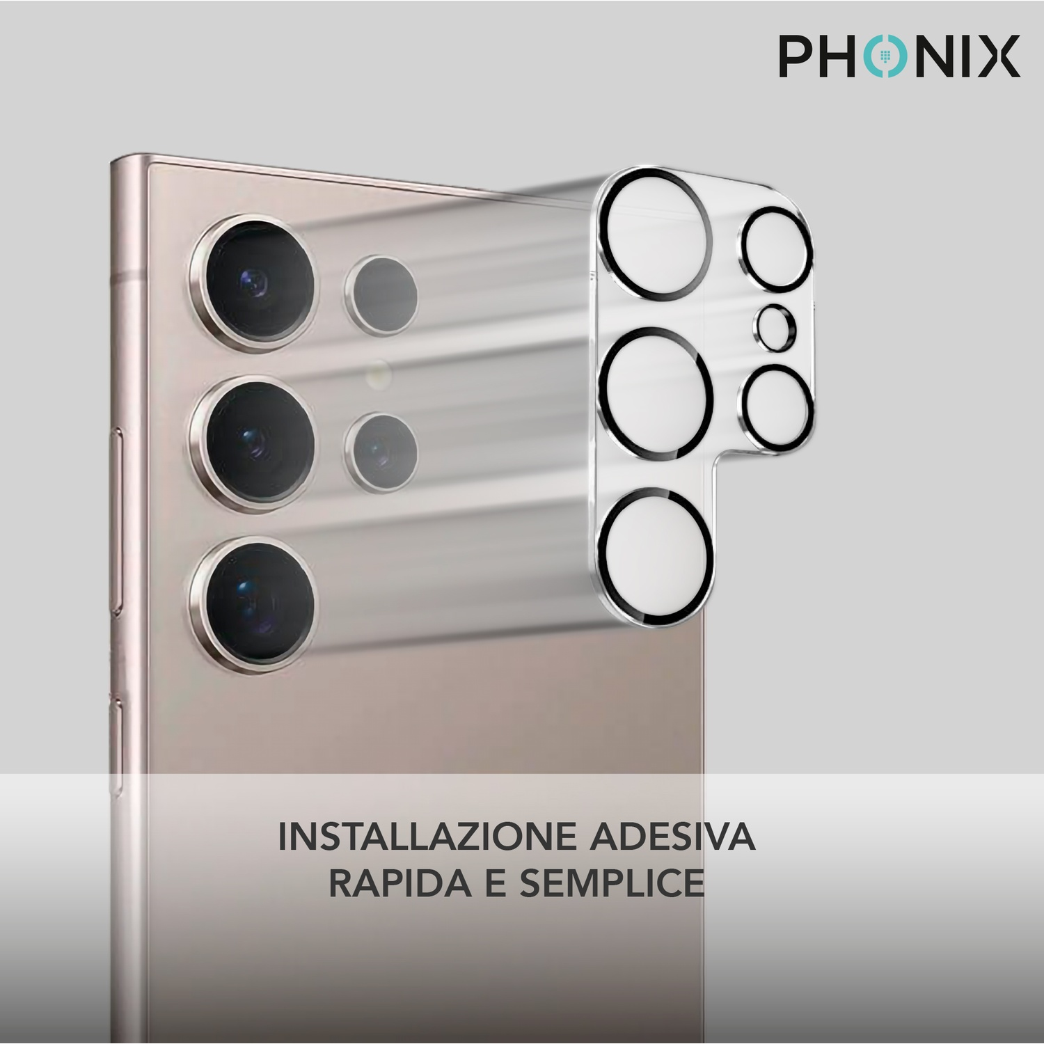 Smartphone con protezioni per lenti della fotocamera installate. Testo: Installazione adesiva rapida e semplice.