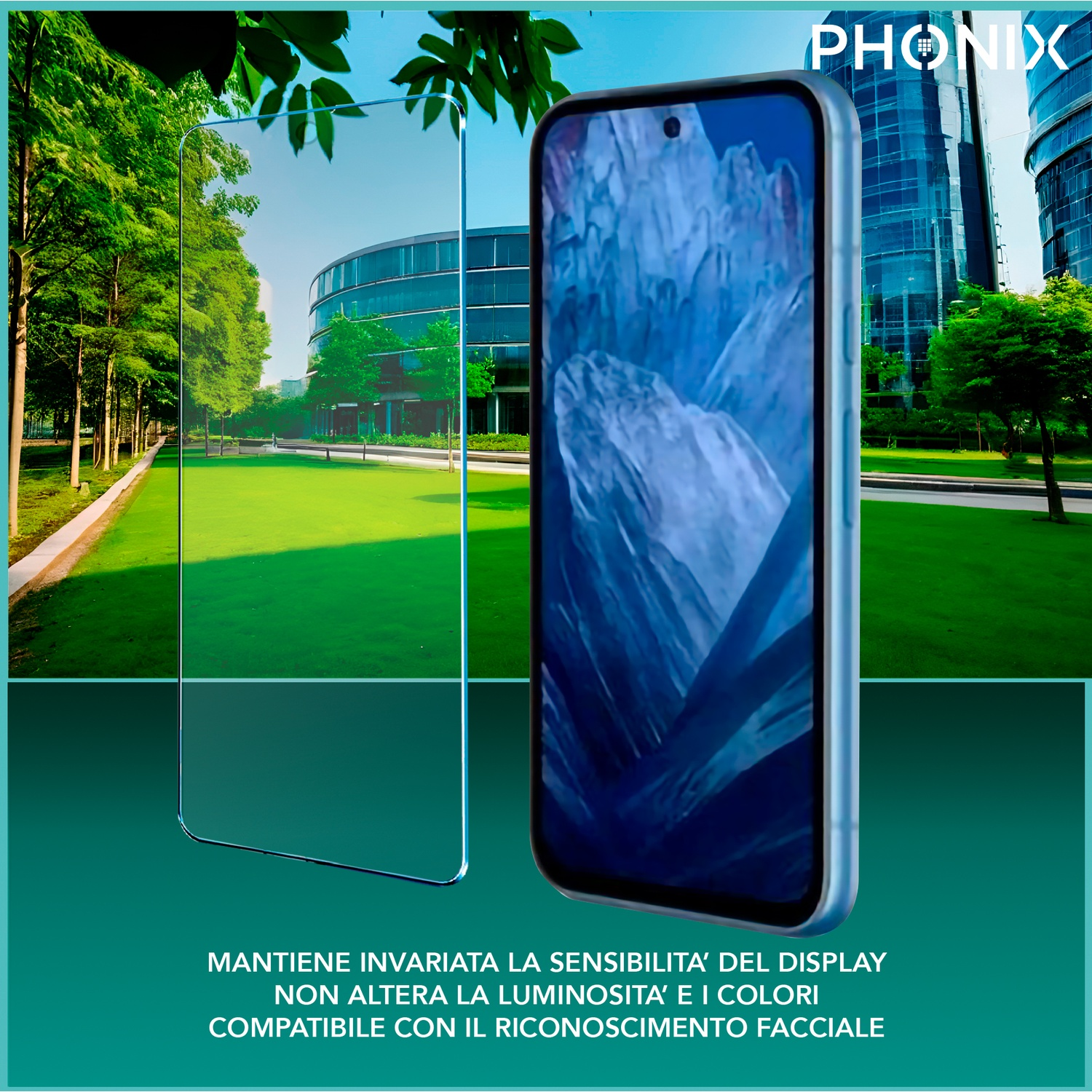 Smartphone e protezione schermo uno accanto all'altro, sfondo di alberi ed edifici.