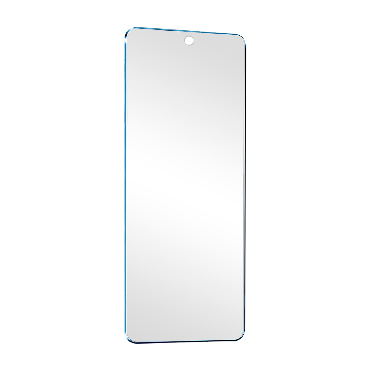 Proteggi schermo per un telefono. Rettangolo trasparente con un piccolo foro per la fotocamera. Cornice blu.