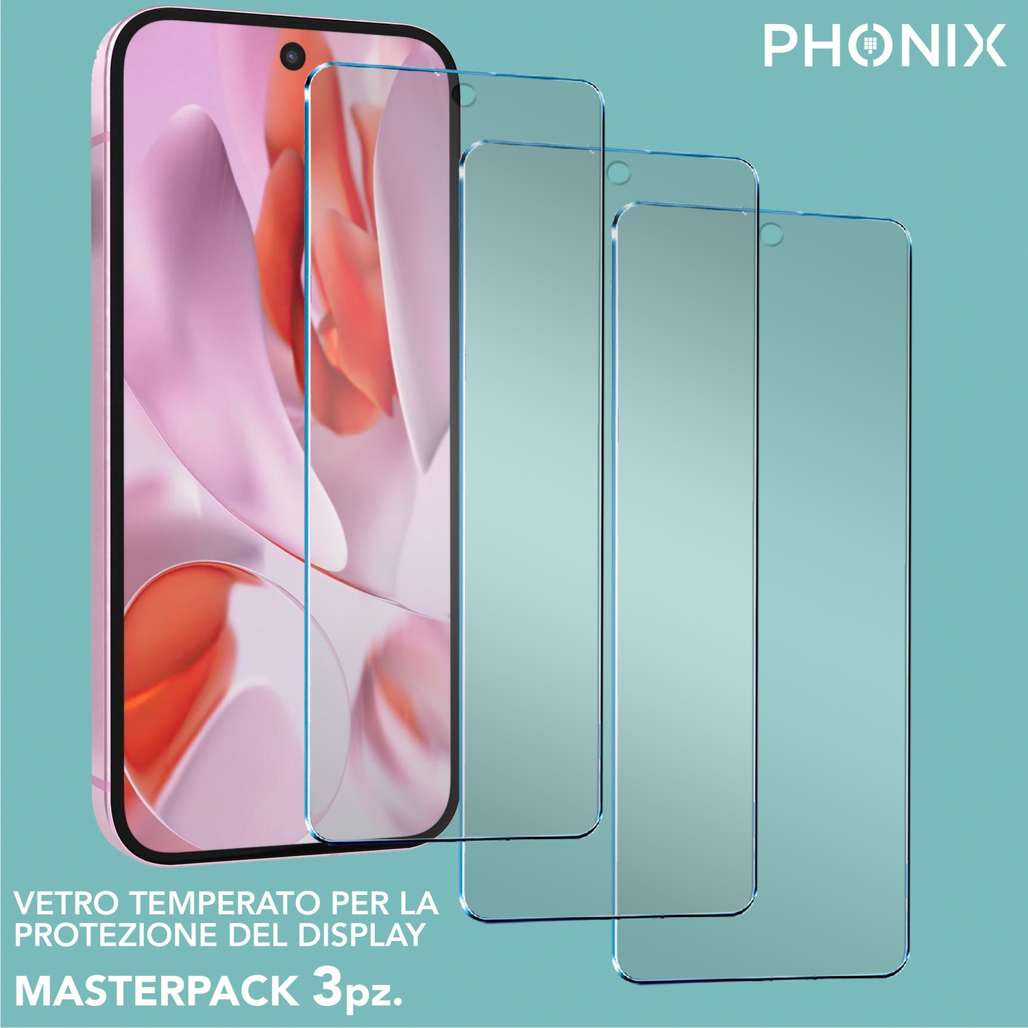 Uno smartphone con protezioni schermo, con testo e logo.