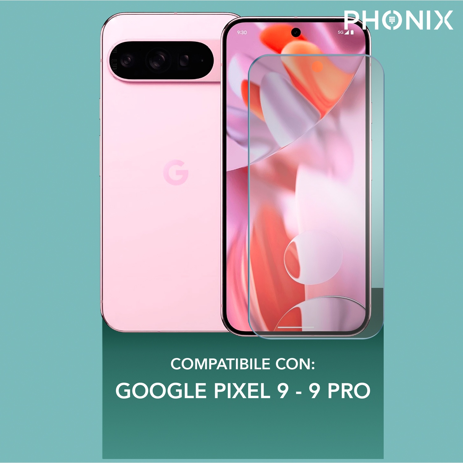 Un telefono rosa con una protezione per lo schermo e un telefono sul retro. Lo sfondo è verde.