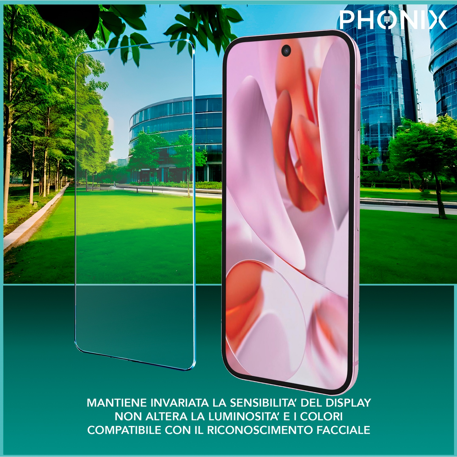 Smartphone con protezione schermo e sfondo edificio, con sovrapposizione di testo.