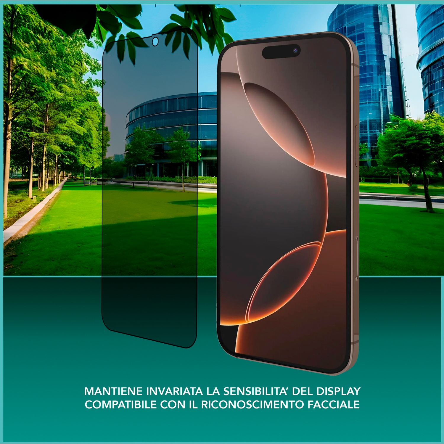 Telefono con protezione schermo, accanto a un edificio, con testo: mantiene la sensibilità.