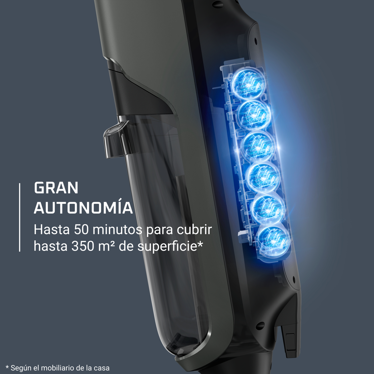 Se muestran los componentes internos de una aspiradora con un texto sobre larga autonomía.