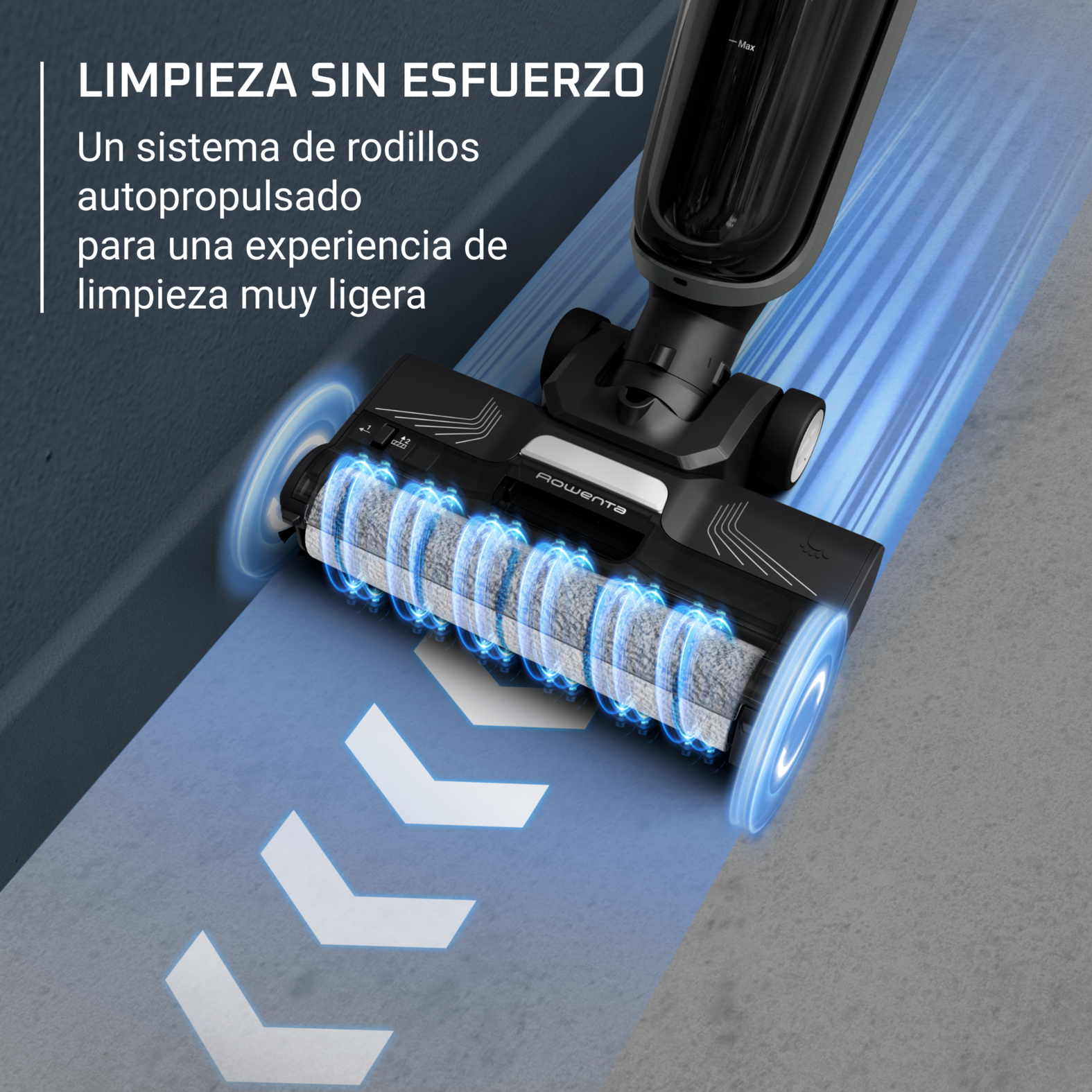 Primer plano de un limpiador de suelos. Flechas blancas muestran la dirección de limpieza. Efecto de luz azul.