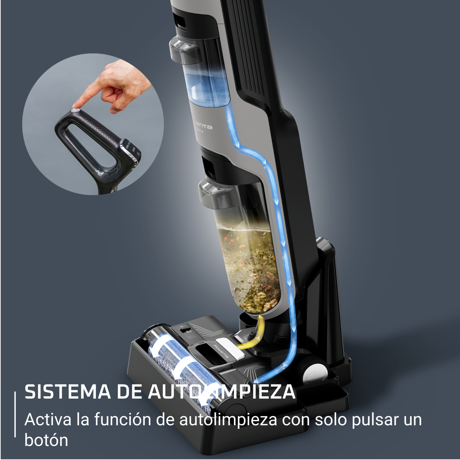 Una aspiradora con manguera y depósito de agua. Una mano pulsa un botón para activar la función de autolimpieza.