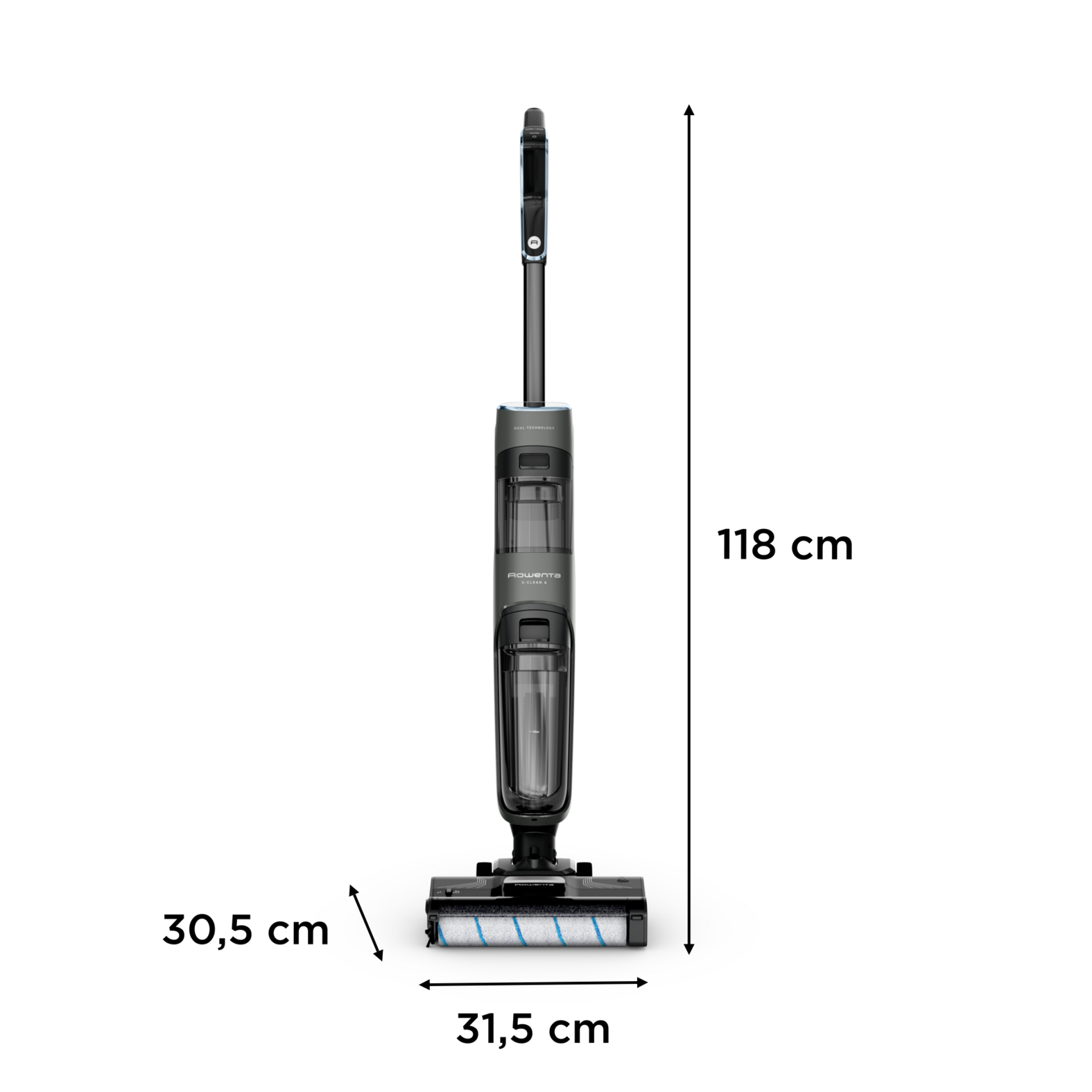 Aspiradora negra y gris con dimensiones: 30,5 cm, 31,5 cm y 118 cm sobre una superficie blanca.