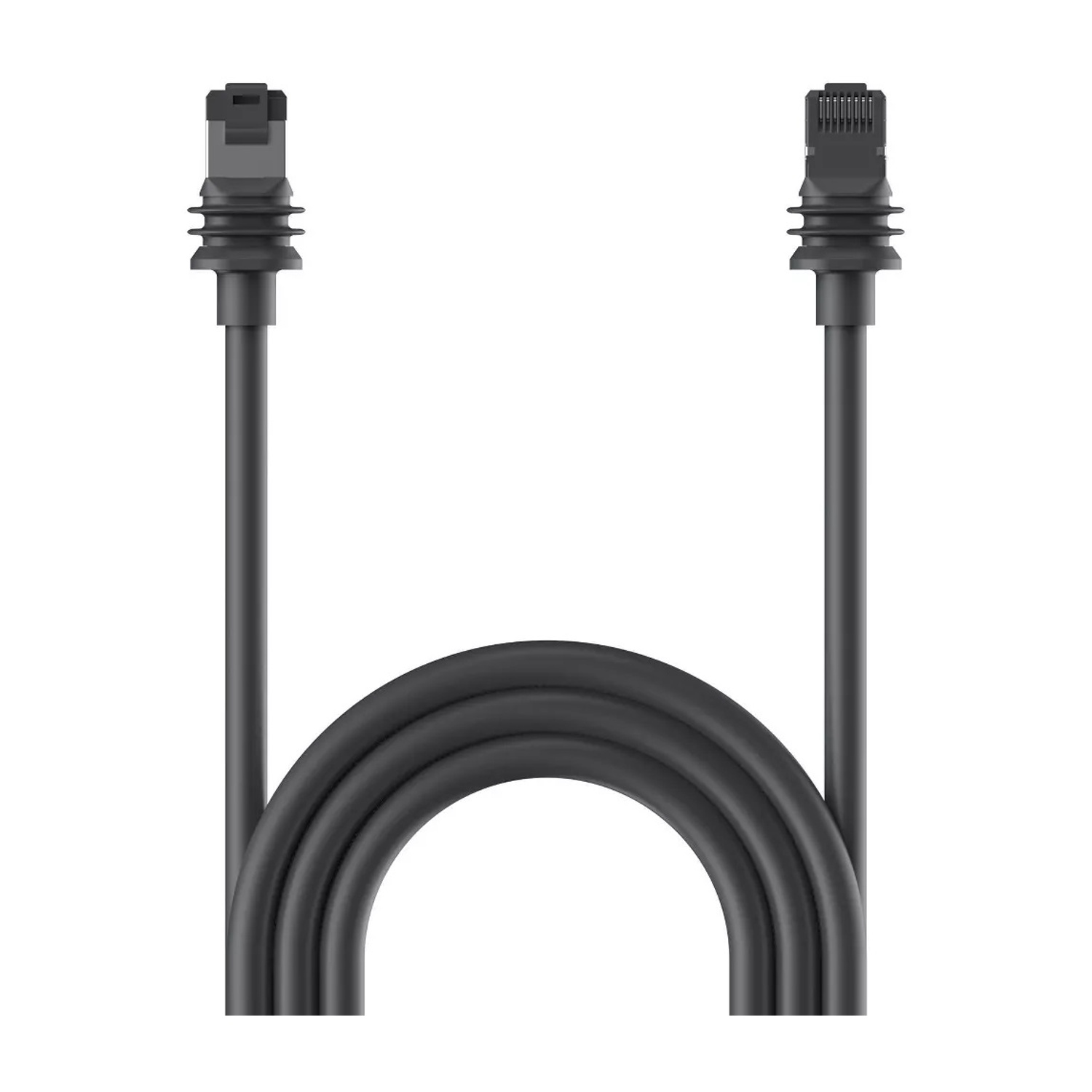 Cavo Ethernet nero con connettori su sfondo bianco.