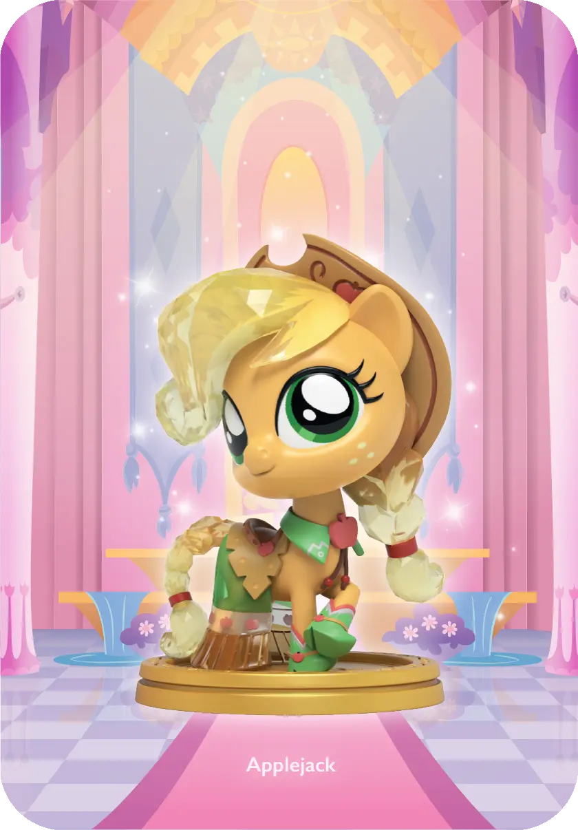Ein My Little Pony Spielzeug, Applejack, auf einem goldenen Podest in einem rosa Raum.