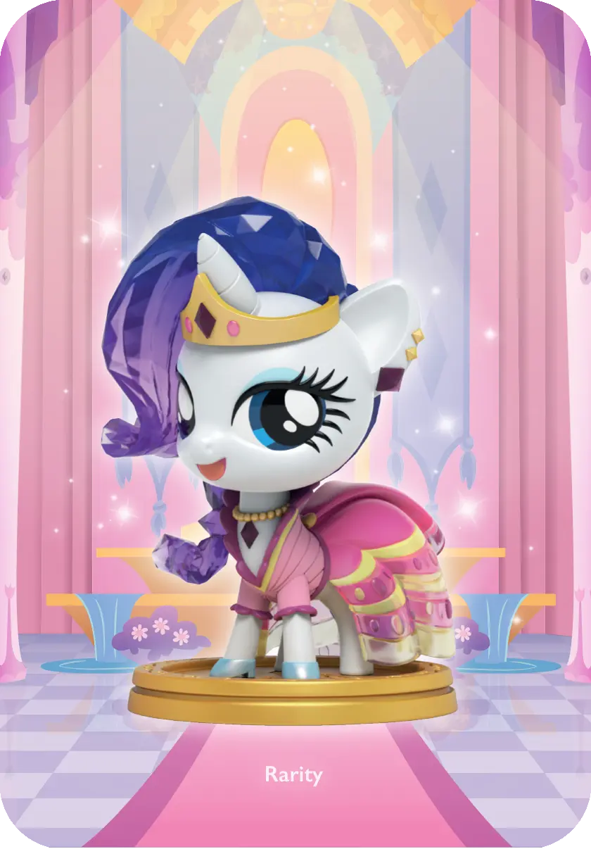 Rarity-Figur aus My Little Pony. Weißes Pony mit lila Mähne und pinkem Kleid. Goldfarbene Akzente.