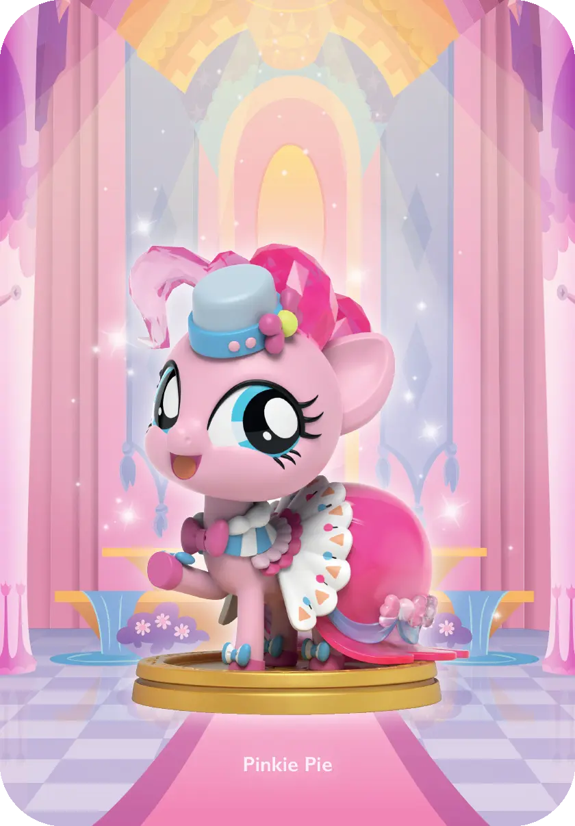 Pinkie Pie Pony-Figur, pinkes Kleid, auf goldenem Sockel, in pinkem Raum. Pinkie Pie lächelt.