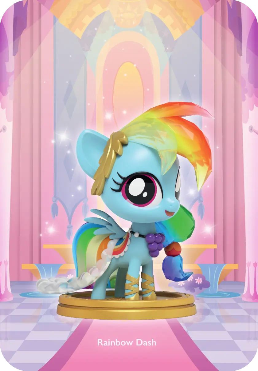 Eine Rainbow Dash Figur in einem rosa Raum mit goldenem Podest und Regenbogen-Schweif.