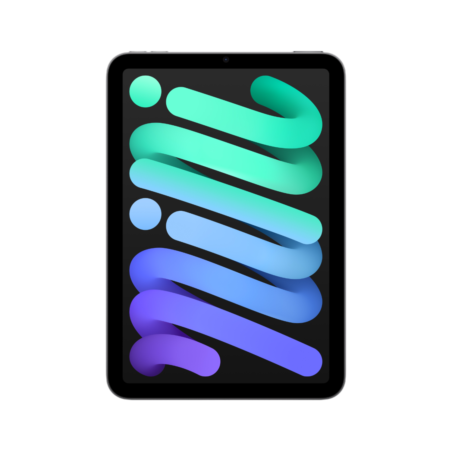 Een iPad Mini in zwart, met een kleurrijk behang van wervelingen in teal, blauw en paars.