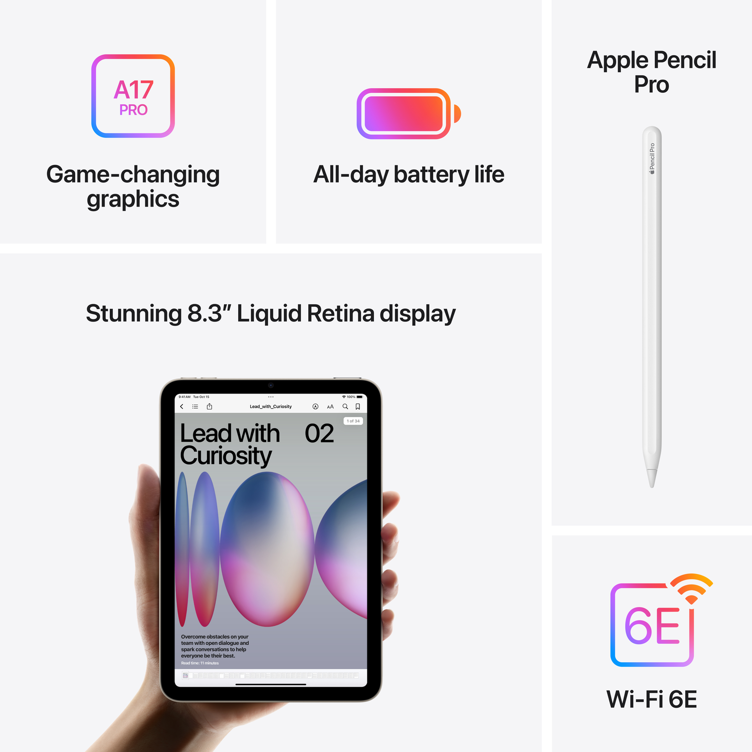 An iPad with text and images, with an Apple Pencil and graphic icons in the background.