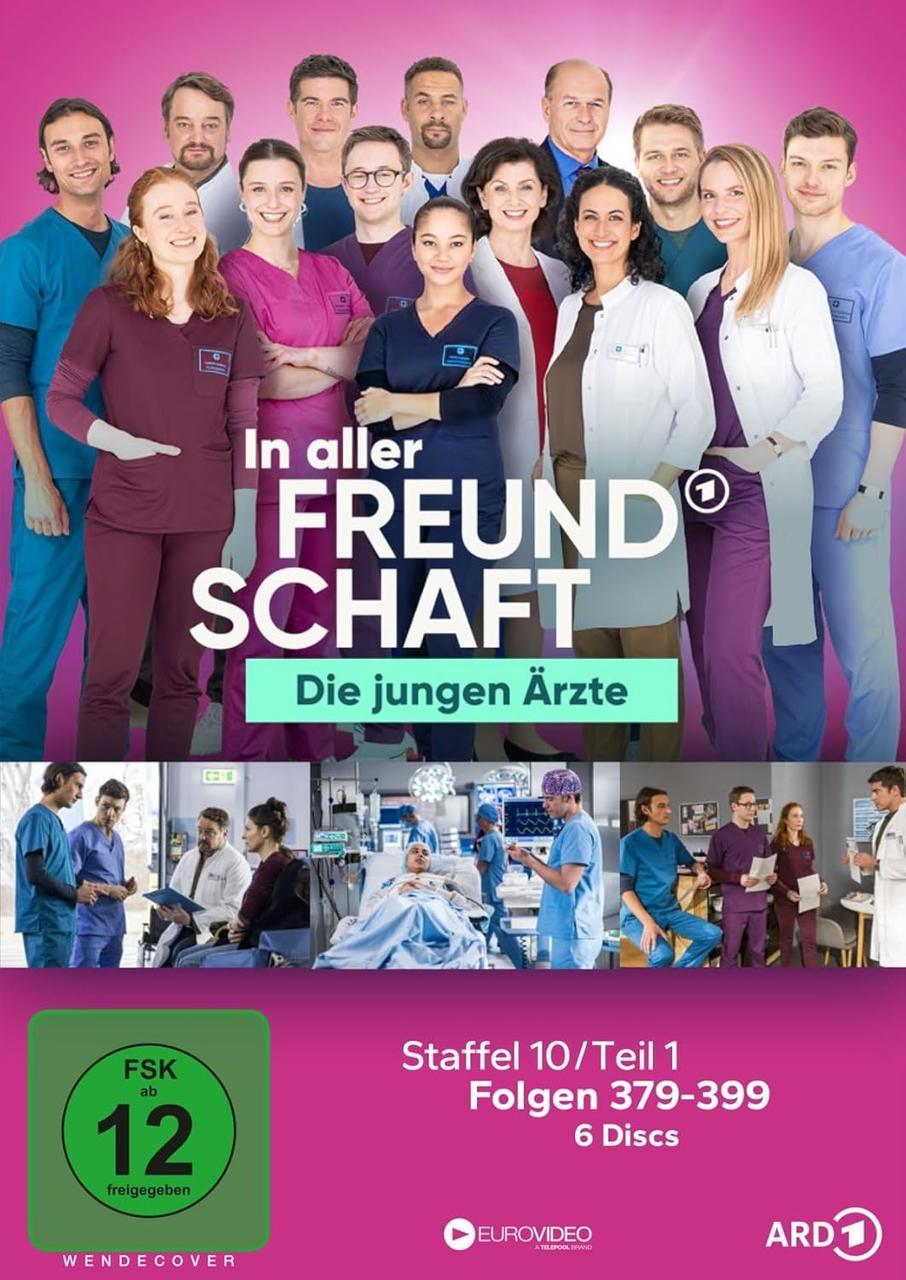DVD-Cover der Fernsehserie 'In aller Freundschaft - Die jungen Ärzte' mit einer Personengruppe.