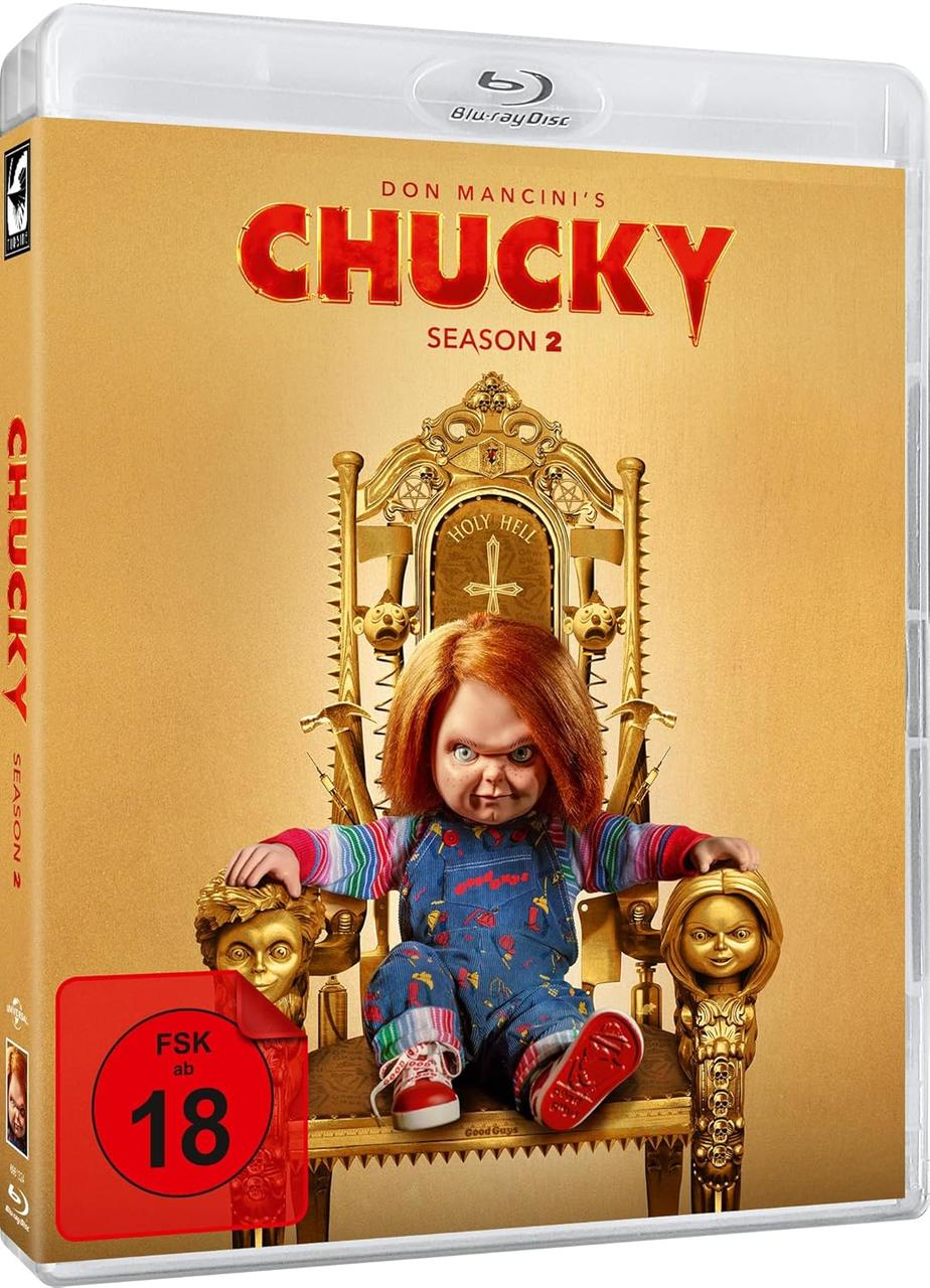 Blu-ray-Disc-Cover des Films Chucky mit einer Puppe auf einem Thron.