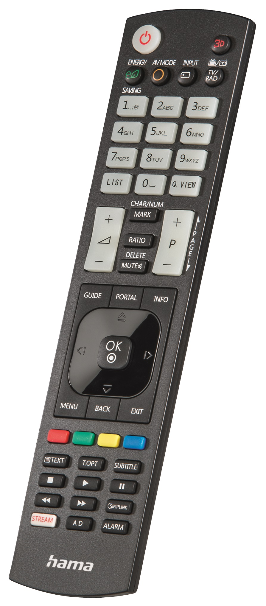 Czarny pilot do telewizora z wieloma przyciskami, przyciskiem zasilania i panelem kierunkowym.