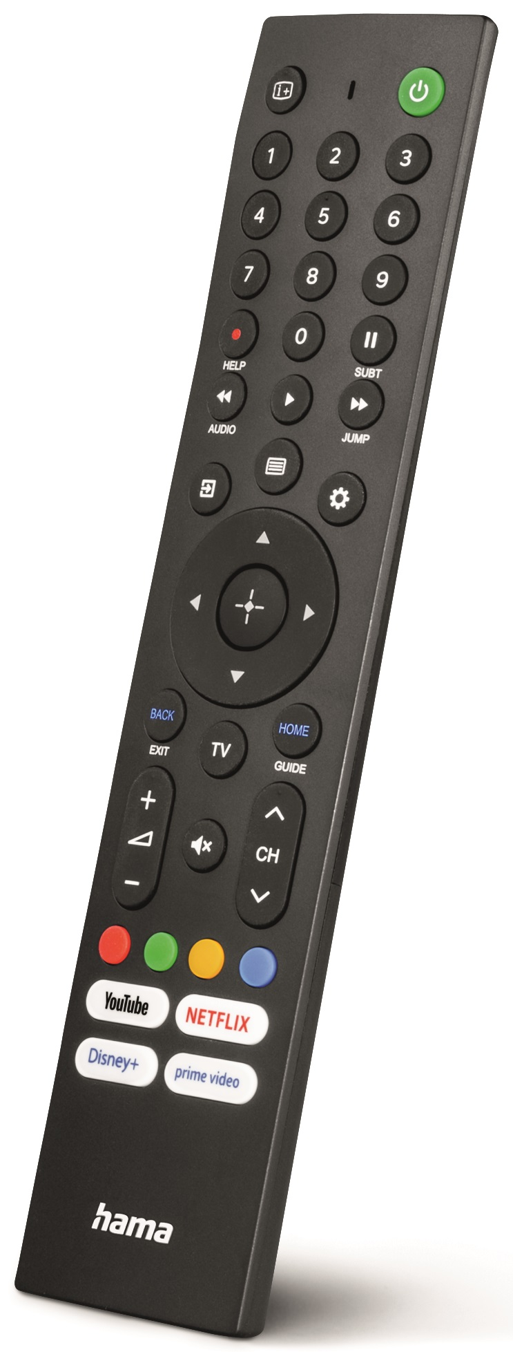 Czarny pilot z wieloma przyciskami, w tym włącznikiem, kontrolkami kanałów i klawiszami aplikacji.