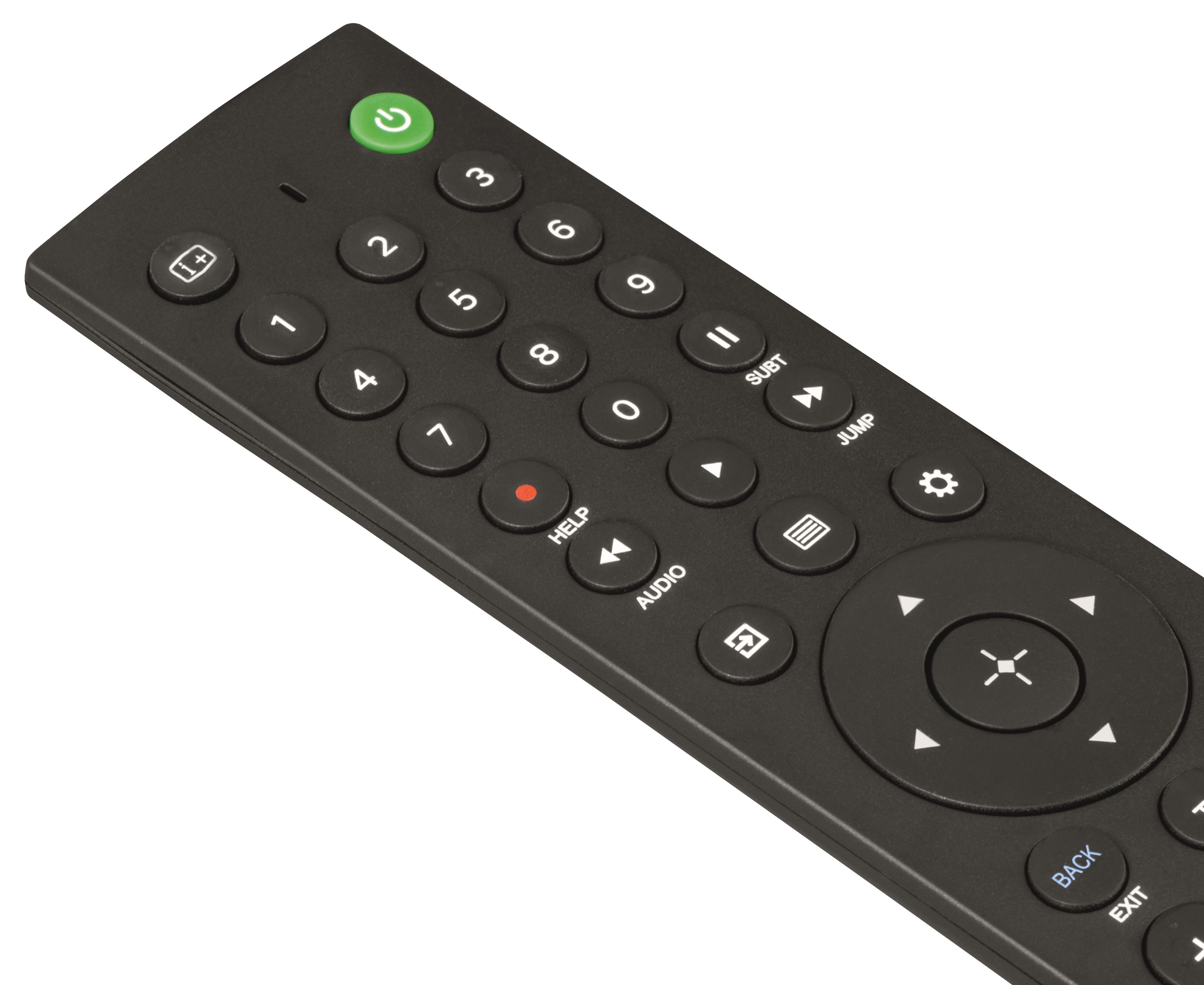 Czarny pilot z wieloma przyciskami, w tym numerami i zielonym przyciskiem zasilania.