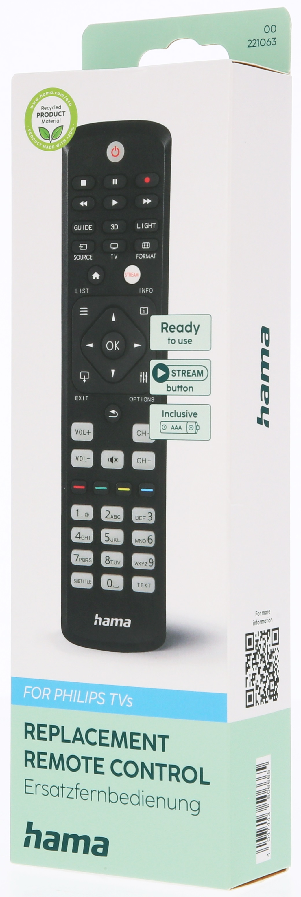 Pilot do telewizorów Philips. Pilot jest czarny i w białym pudełku z tekstem.