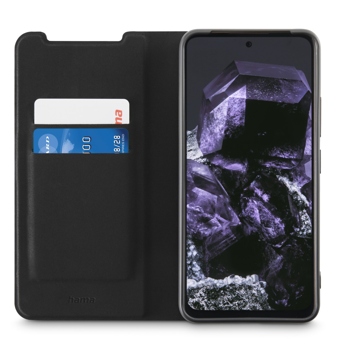 Schwarze Handyhülle mit Telefon. Hülle hat Kartenfächer und Bildschirm mit lila Kristallen.