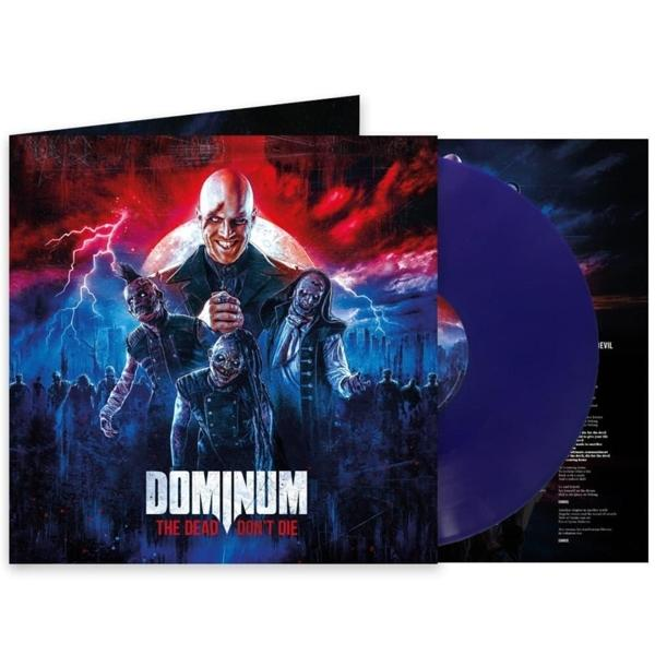 Eine lila Vinylplatte mit Cover-Art von Zombies und einem kahlen Mann. Der Albumname ist Dominum.